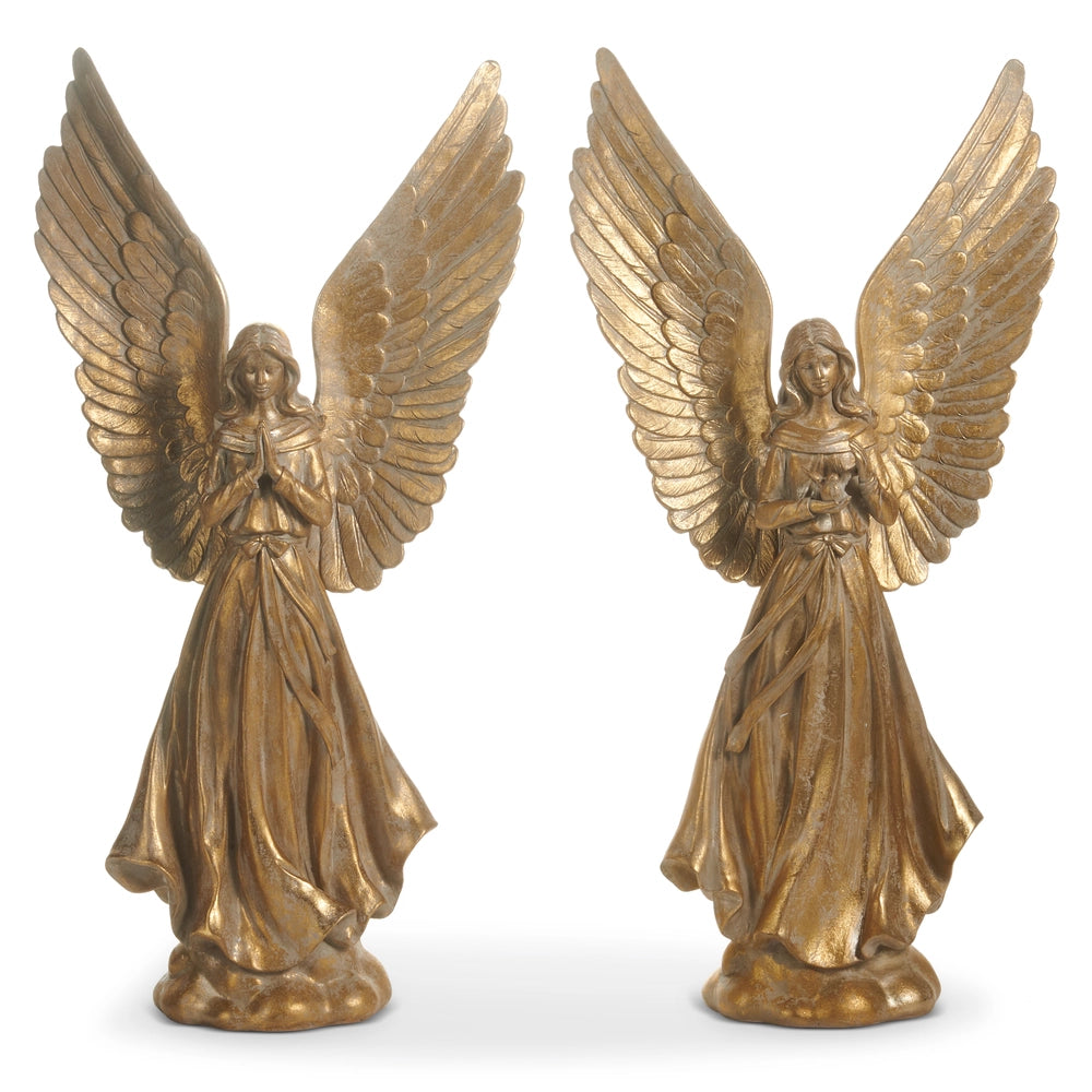 Two gold angel statues with outstretched wings on a white background