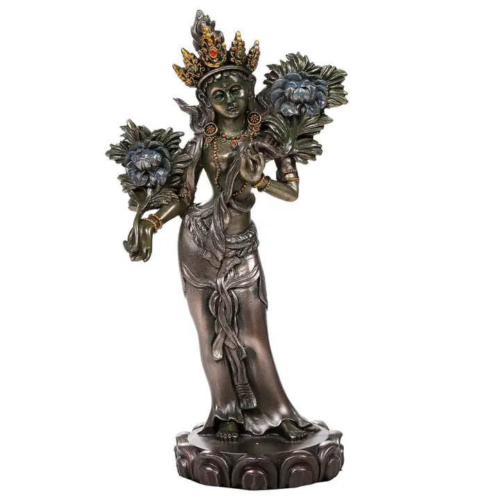Decorative Green Tara statue of a figure holding flowers on a white background