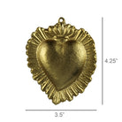 Gold heart-shaped pendant with dimensions on a white background