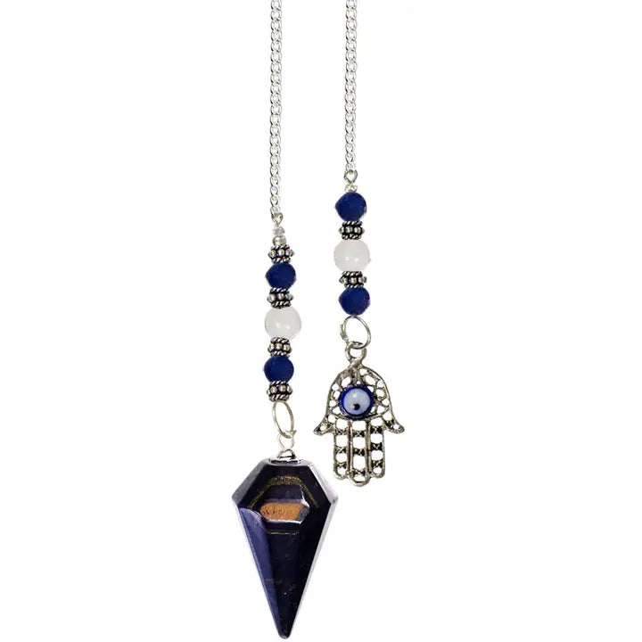 Blue Tiger Eye Hexagonal Pendulum with Fatima Hand