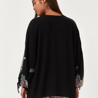 Black/Rose Drop Shoulder Embroidered Kimono Top-back