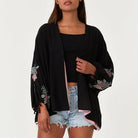 Black/Rose Drop Shoulder Embroidered Kimono Top