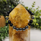 (Grounding/Balance) Obsidian Black Matte and Hematite 8mm Stretch Bracelet On Citrine Point