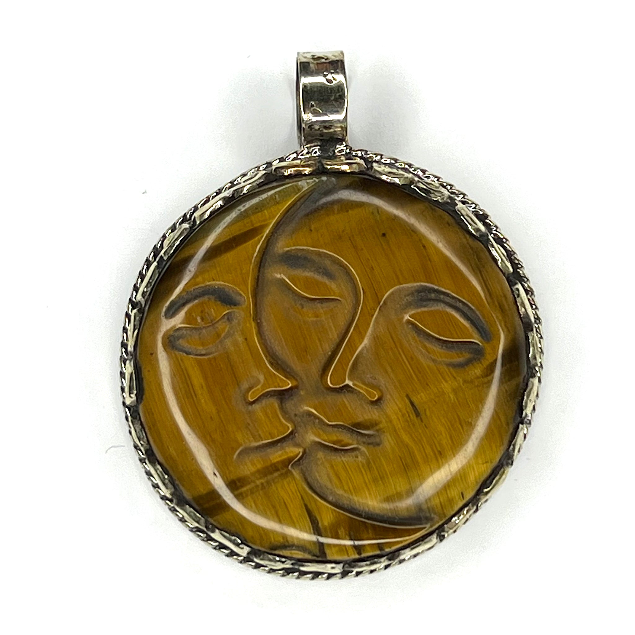 Tiger Eye Sun Moon Pendant with Tibetan Silver Frame Front
