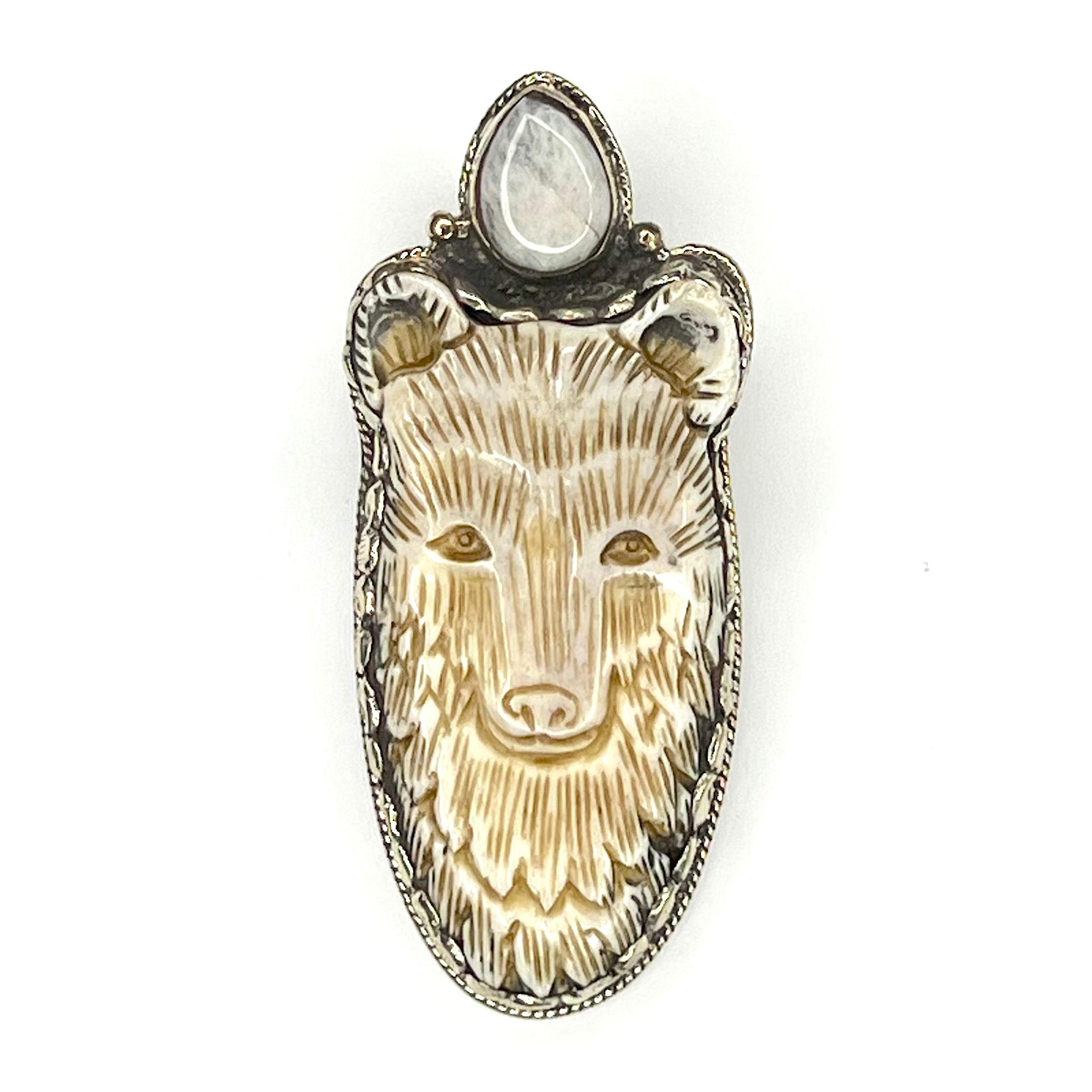 Wolf Pendant Tibetan Silver and Carved Bone Front