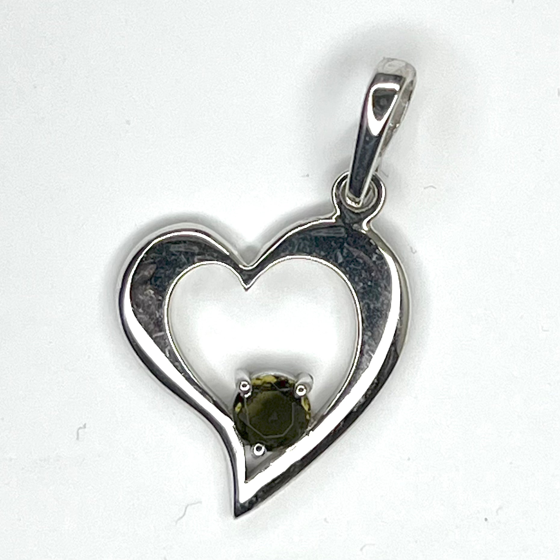 Moldavite Curved Heart Pendant Round Faceted, Sterling Silver
