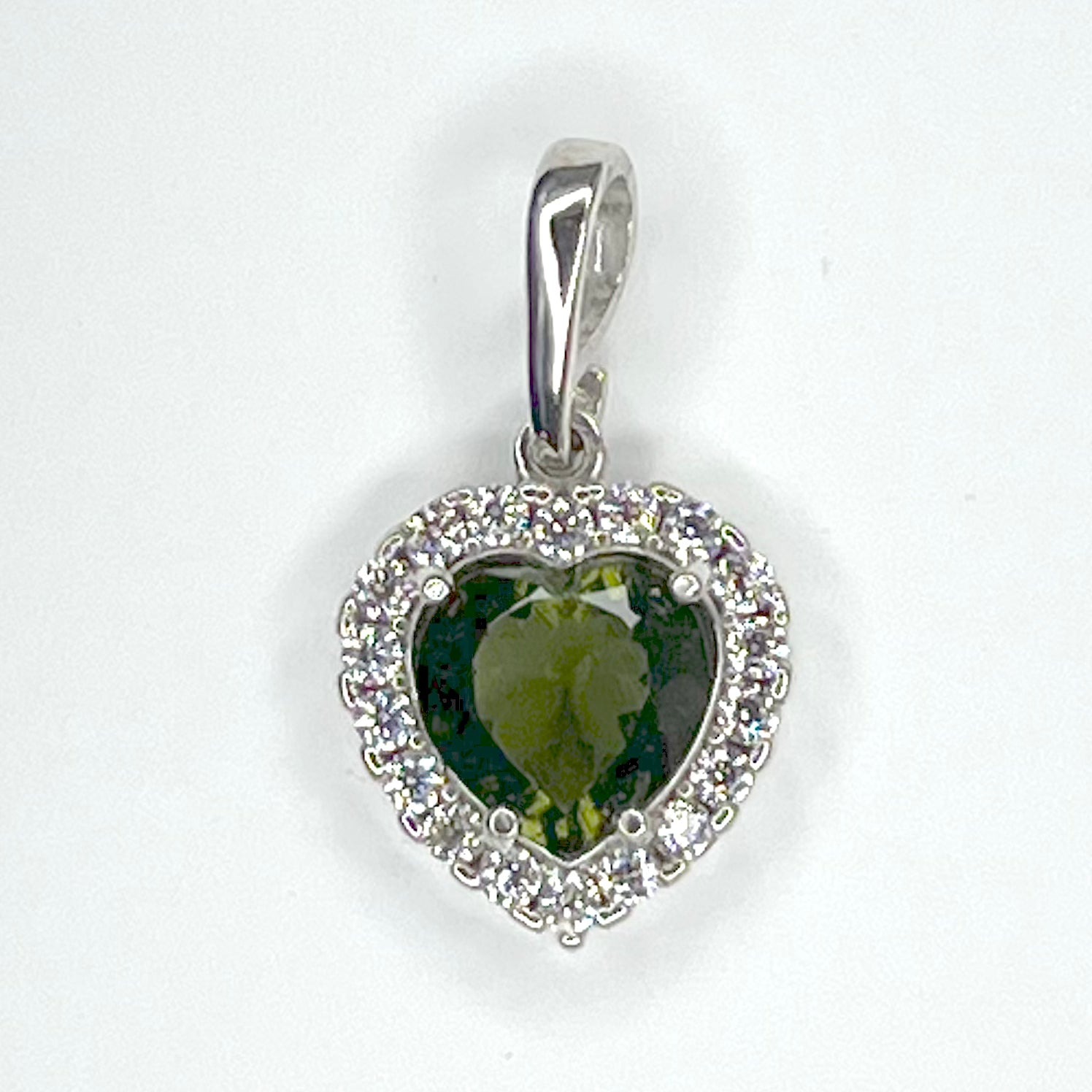 Moldavite and White Topaz Heart Faceted Pendant for Awakening & Clear Insight