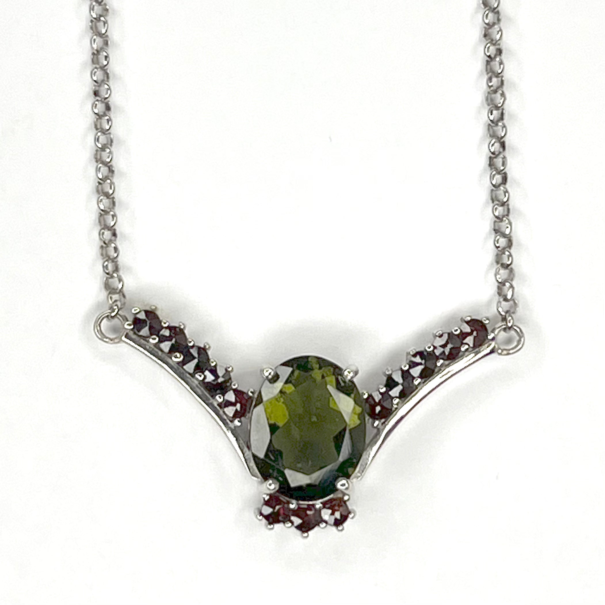 Moldavite Oval Faceted and 13-Garnet  Necklace