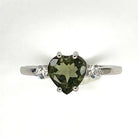 Moldavite Faceted Heart w/ White Topaz Ring, Sterling Silver