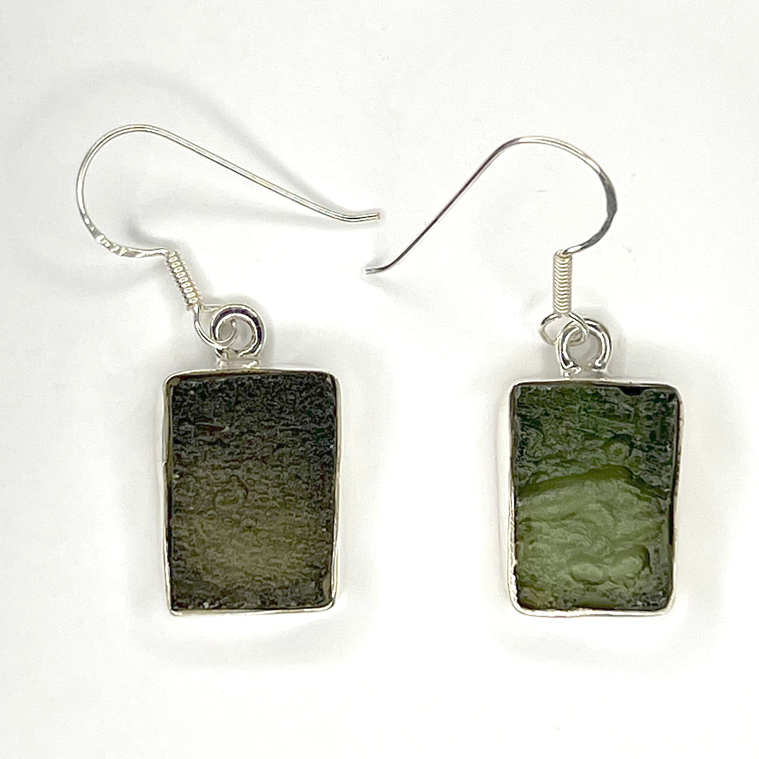 Moldavite Rough Rectangle Earrings Sterling Silver