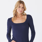 Blue Feather Rib Square Neck Long Sleeve Top