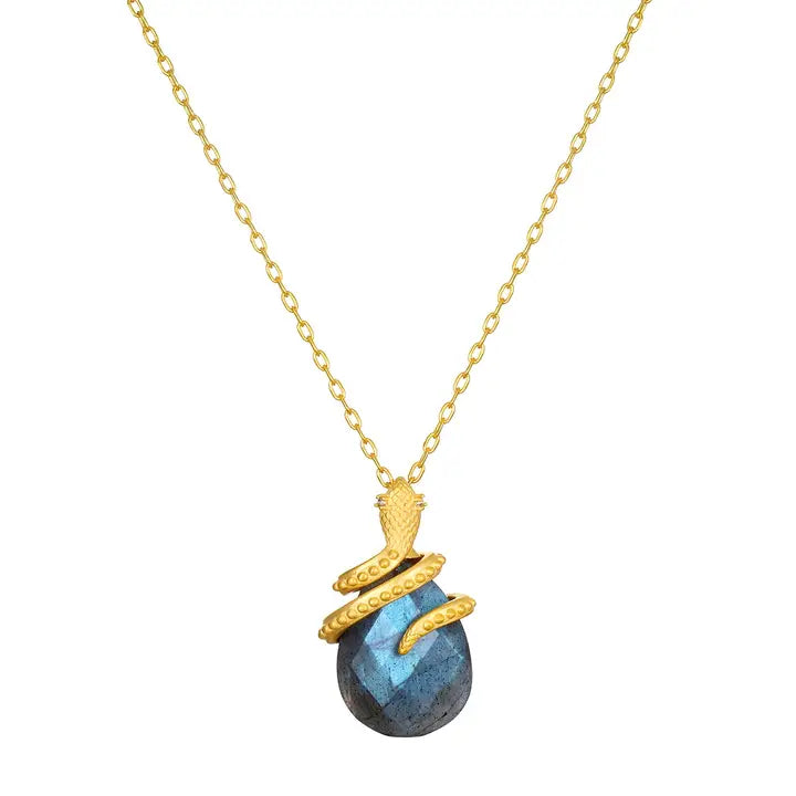 Necklace with a blue labradorite stone pendant with snake and gold chain on a white background