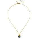 A gold chain necklace with a small gold clasp and extender, featuring a dark iridescent labradorite pendant with snake shown on a plain white background.