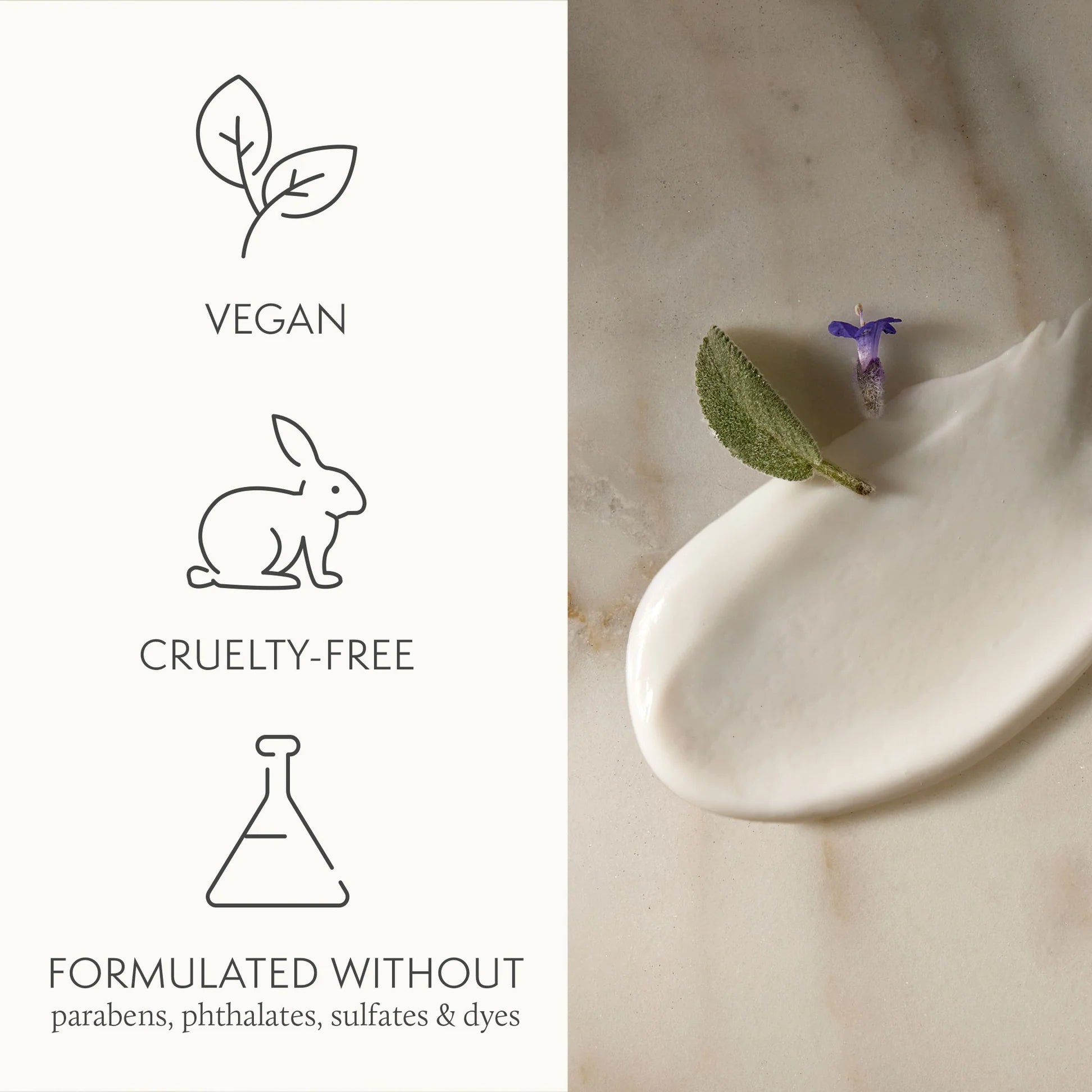 Product packaging with vegan, cruelty-free, and sulfate-free symbols on a marble surface.