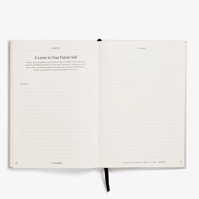 Open book with a letter titled 'A Letter to Your Future Self' on a white background