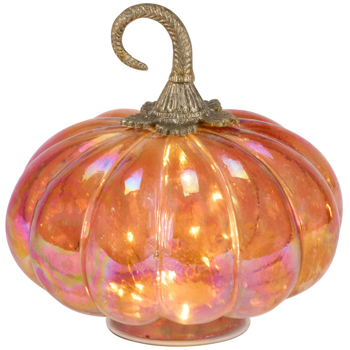 An iridescent orange glass pumpkin decoration with a textured metallic gold stem and base, shown against a plain white background.