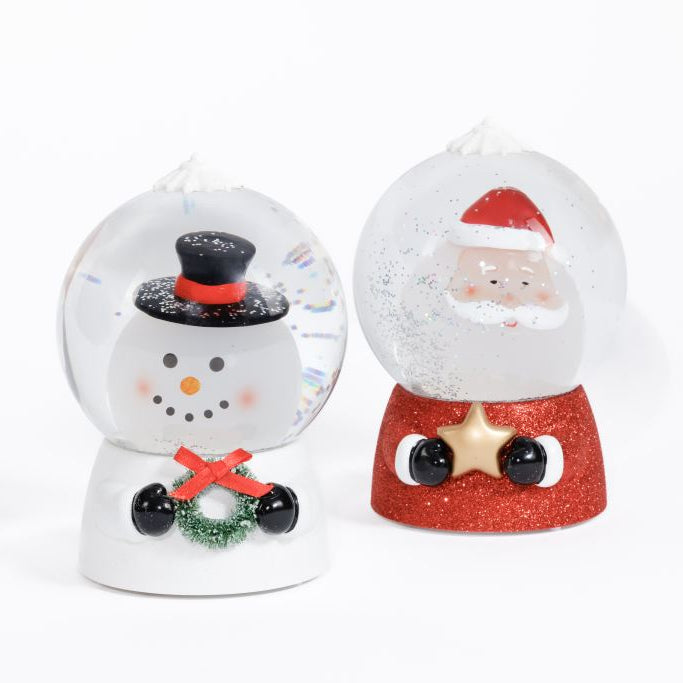 Two snow globes, one with a snowman and the other with Santa Claus, on a white background.