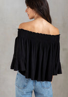 Black Jacquard Flutter Off Shoulder Smocked Top