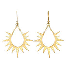 A pair of gold teardrop-shaped dangle earrings with a textured, hammered finish and radiating sunburst points, suspended from simple gold hooks on a plain white background.