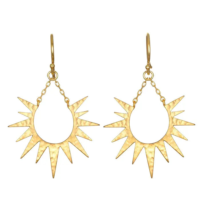 A pair of gold teardrop-shaped dangle earrings with a textured, hammered finish and radiating sunburst points, suspended from simple gold hooks on a plain white background.