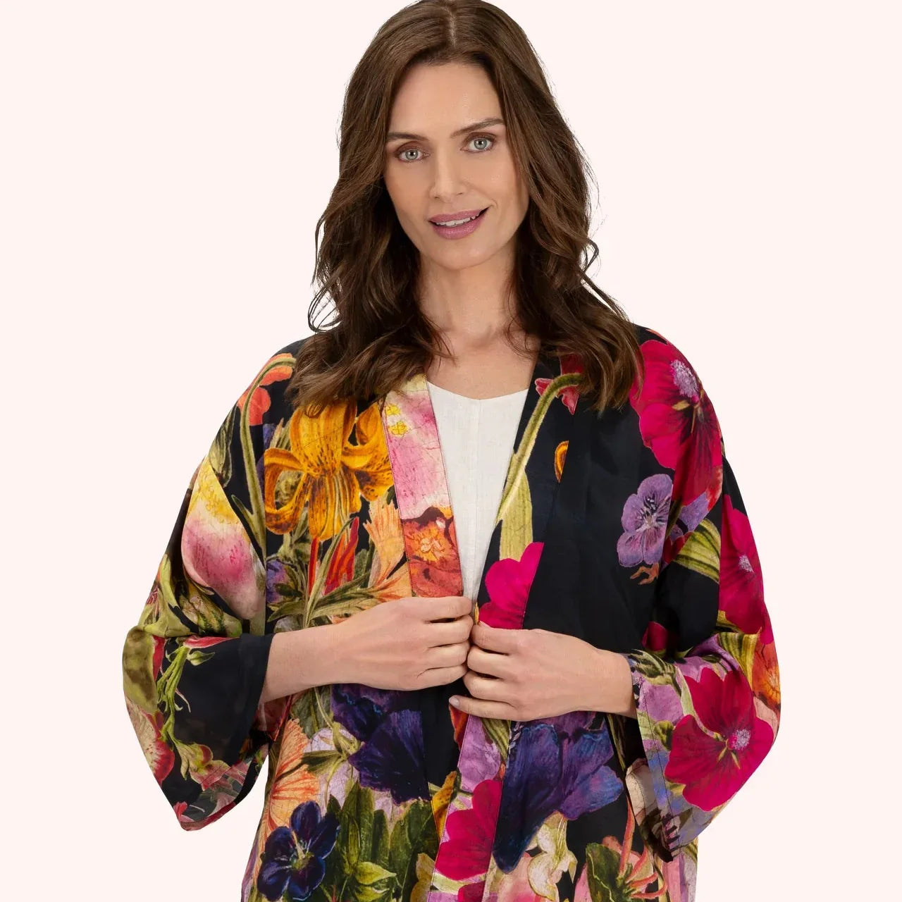Midnight Posy Mid-Length Kimono on Model