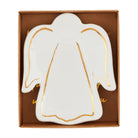 A white ceramic angel-shaped dish with gold metallic trim, presented inside a brown cardboard gift box on a white background.