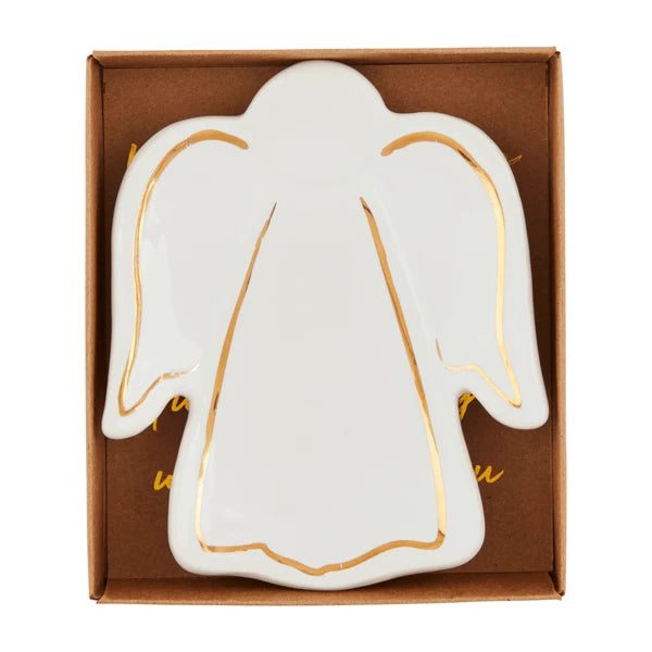 A white ceramic angel-shaped dish with gold metallic trim, presented inside a brown cardboard gift box on a white background.