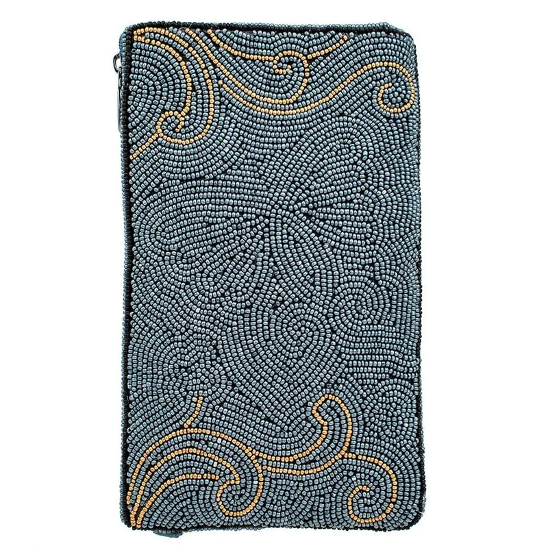 A rectangular beaded pouch or case with a dark gray base and intricate gold swirl patterns, shown flat against a white background.