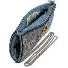 Blue embroidered clutch with a chain strap on a white background