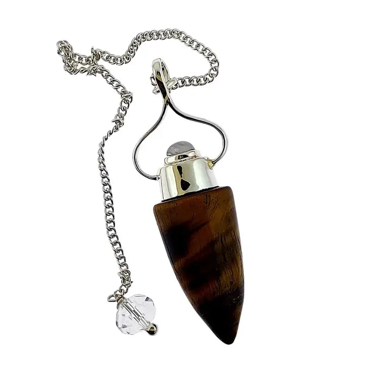 Tiger's eye crystal pendulum on a silver chain with a white background
