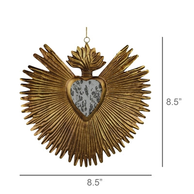 Decorative wall hanging with gold辐射 design and heart-shaped center, dimensions indicated.