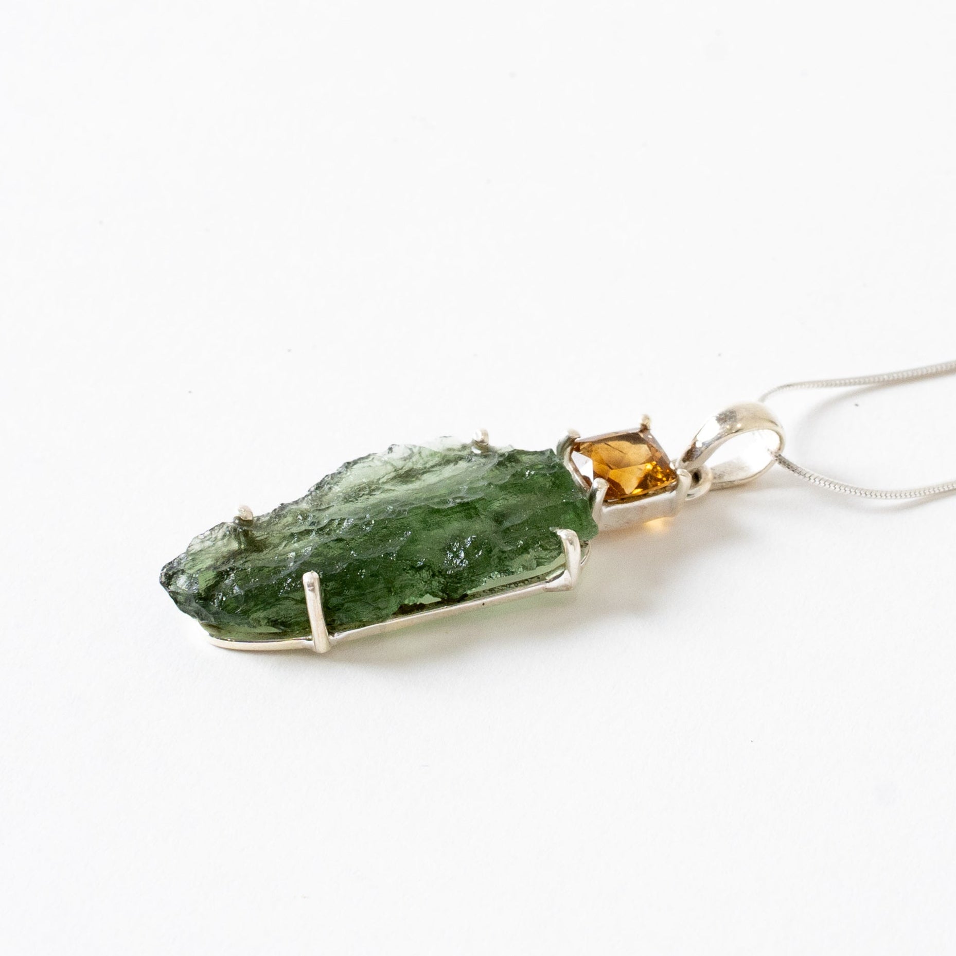 Moldavite and Citrine Necklace Side View