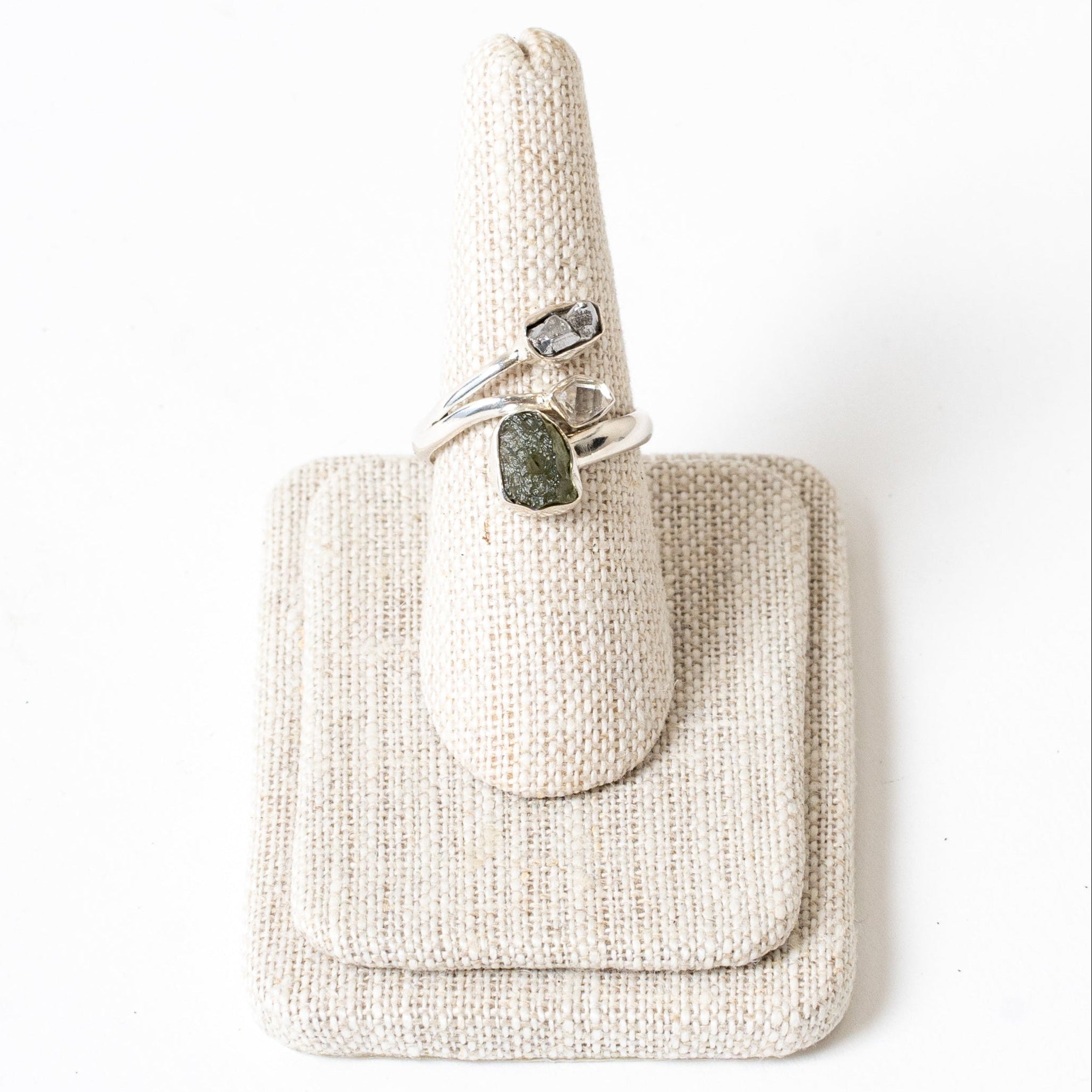 Moldavite, Pakimer Diamond and Meteorite Ring Sterling Silver