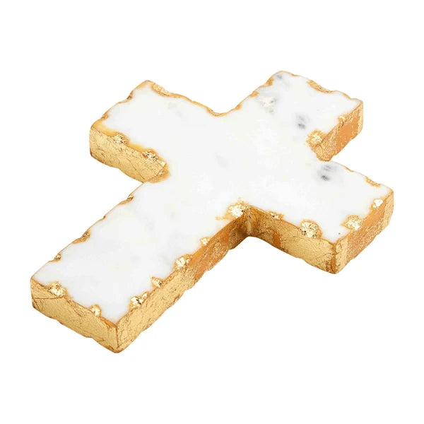 Marble cross with gold border on a white background