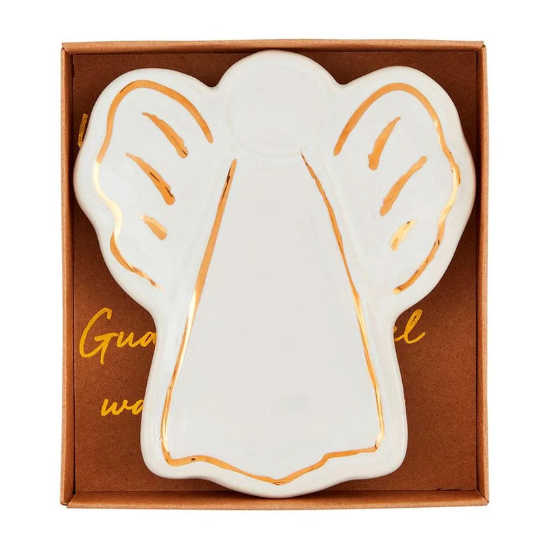 White ceramic angel wing dish with gold accents in a brown box