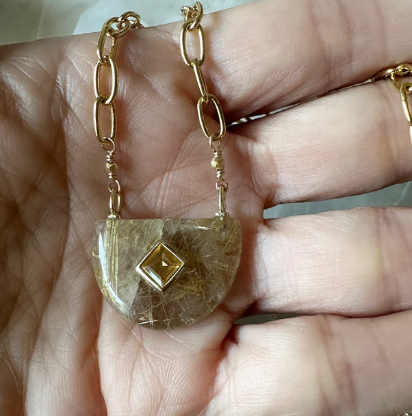 Rutilated Quartz w/ Citrine 18K Gold Vermeil Necklace in hand