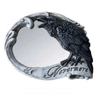 Decorative mirror with a raven and 'Nevermore' text on a white background