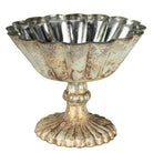 Decorative silver bowl with a pedestal base on a white background