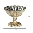Decorative metal bowl with scalloped edge and textured base, shown with dimensions on a white background.