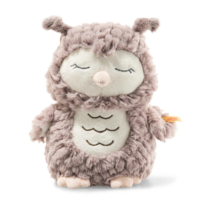 Steiff Ollie Owl Plush toy with closed eyes on a white background
