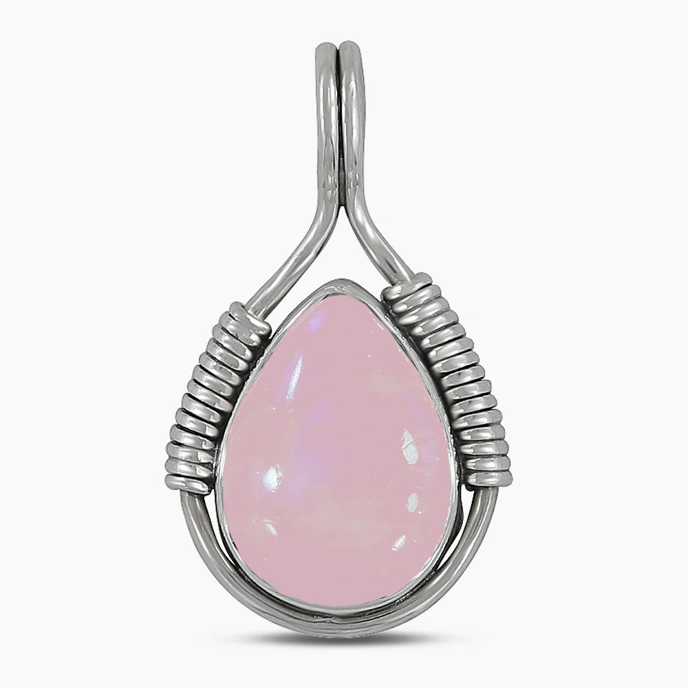 Pink rose quartz teardrop pendant with silver wire wrapping on a white background