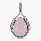Pink rose quartz teardrop pendant with silver wire wrapping on a white background