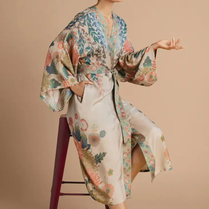 Coconut Beige Trailing Wisteria Long  Kimono Gown