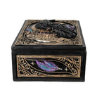 Decorative box with raven and feather design on a white background