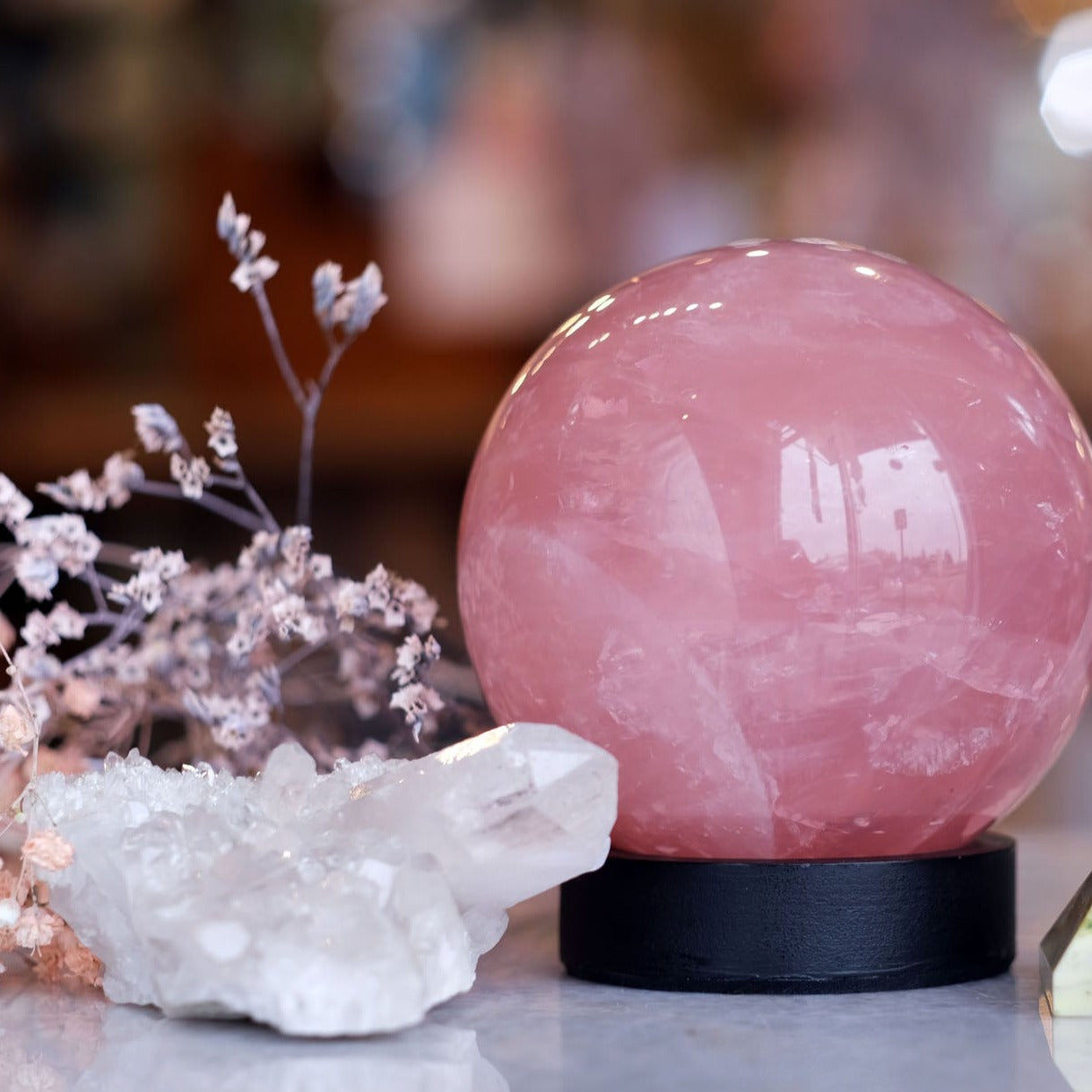 Rose Quartz Sphere with Quartz Cluster