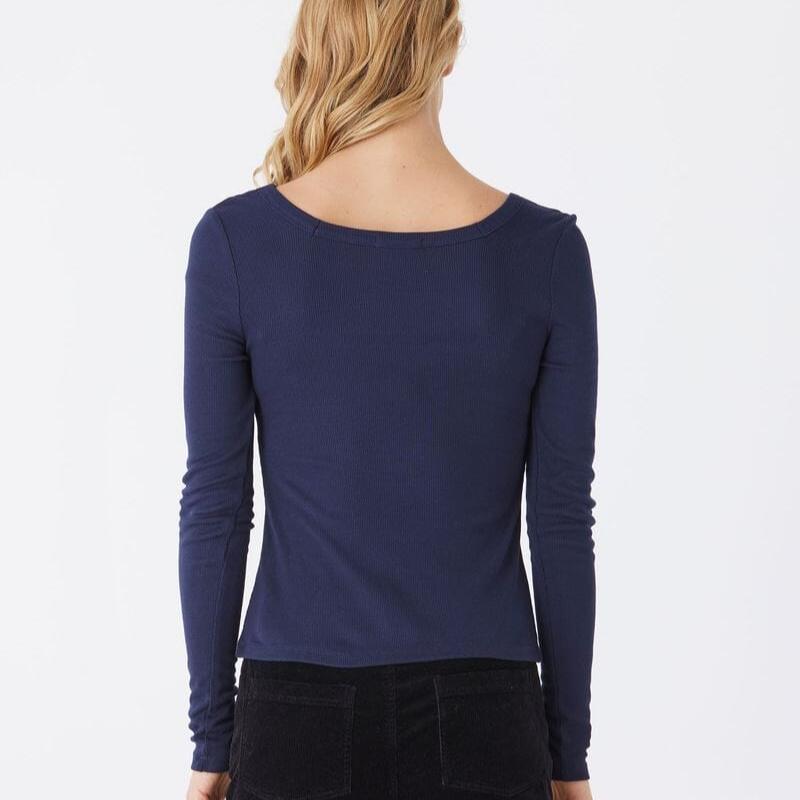 Blue Feather Rib Square Neck Long Sleeve Top Backj