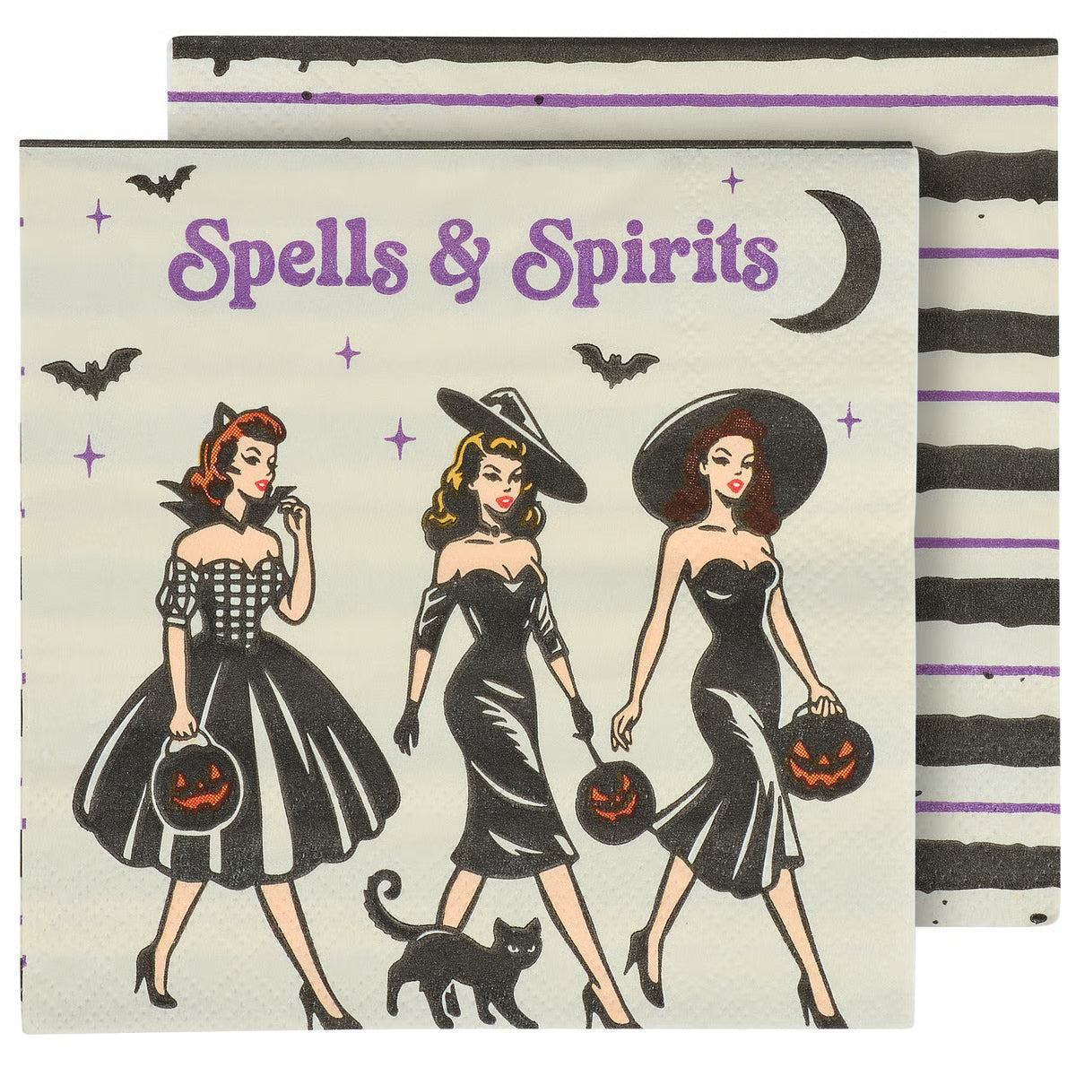 A square paper napkin with a vintage Halloween illustration reading 'Spells & Spirits,' showing three women in black dresses, pumpkins, bats, stars, and a crescent moon. A second napkin with black-and-white horizontal stripes and purple lines is partially visible behind it on a white background.