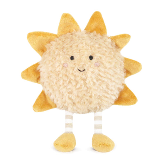 Sun-shaped plush toy with a smiling face on a white background