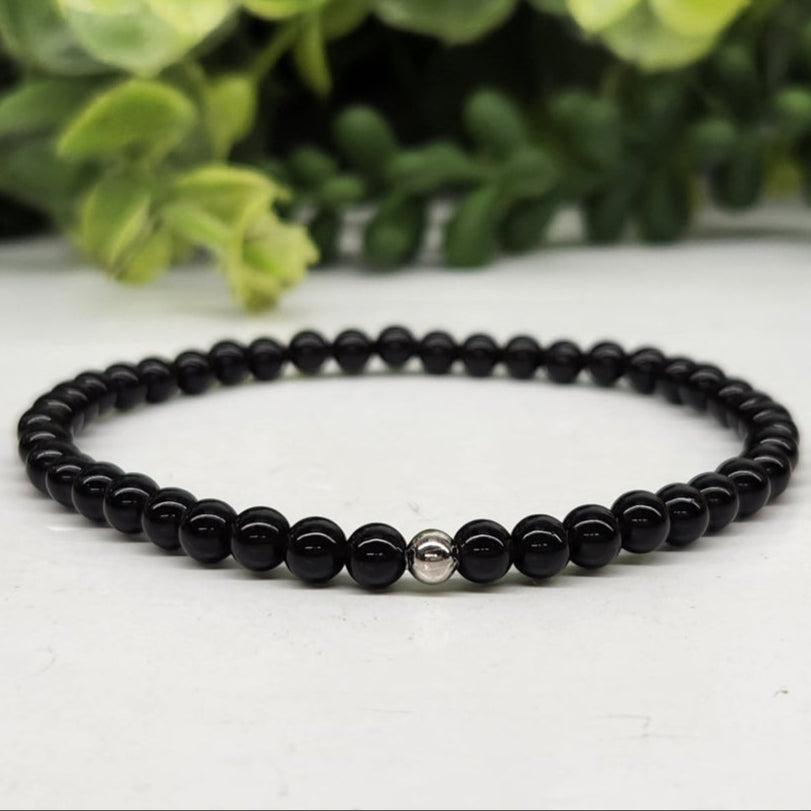 Tourmaline Black 4mm Smooth Bead Stretch Bracelet full view