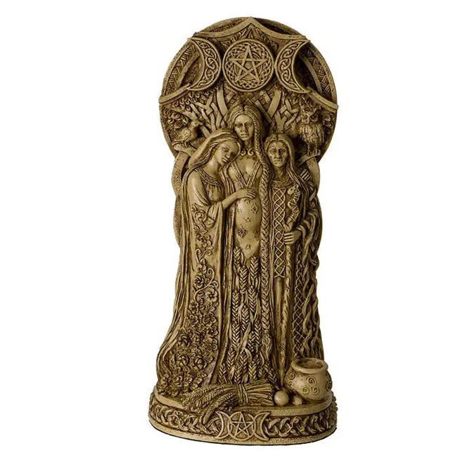 Decorative bronze statue with three triple goddess figures and intricate designs on a white background